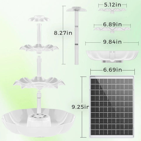 Diagram of 6.5W Solar Bird Bath Fountain With Lights, 3 Tier DIY Water Feature, Detachable Solar Pump dimensions
