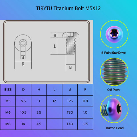 Dope Anodized M5x12 Titanium Bolts 10 Pack Ultra Lightweight Rustproof Motorcycle Bike Car Upgrade Hardware High Strength Fasteners For Custom Rides And Street Mods with size details and a 6-point star drive design.