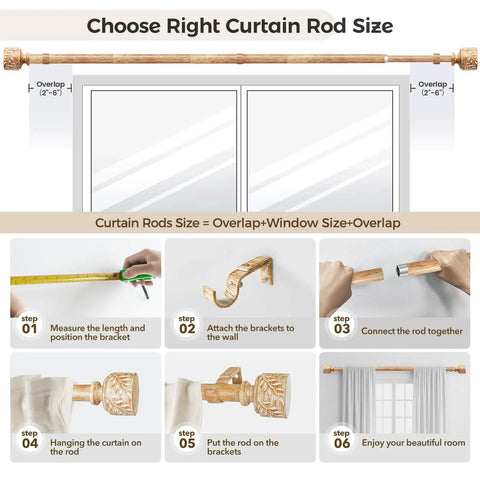 Installation steps for Rustic Wood Curtain Rod Set For Windows 48 To 84 Inches 1 Inch Diameter Dope Adjustable Heavy Duty Drapery Rod.