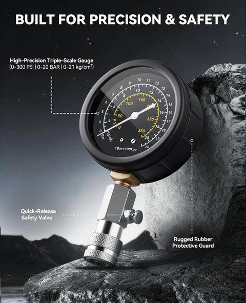 Rock Solid Gasoline Engine Compression Tester Kit With No Sweat 300 PSI Triple Scale Dial close-up showing gauge with safety valve.