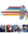 Chill Out With This Badass 9 Piece Colored Star Hex Key Wrench Set, Long Arm Steel Repair Spanner Kit For Car Emergencies And Home Fix Ups That Totally Slaps. 9-piece colored steel Torx hex key set with holder, long-arm sizes