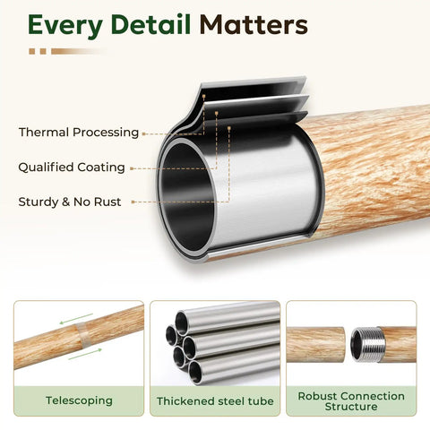 Cross-section of Wood Curtain Rod 1 Inch Rugged Heavy Duty Drapery Rod With Imitation Wood Grain Leaf Pattern Finials.