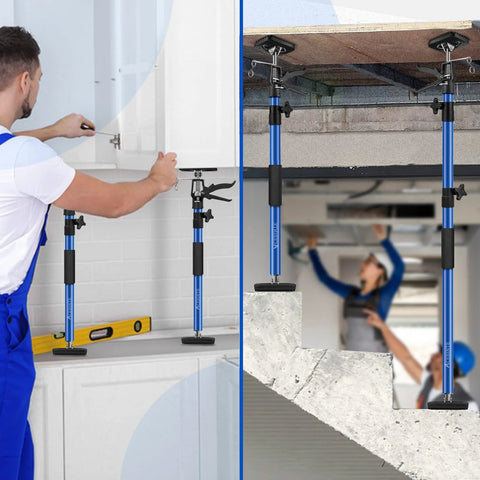 People using 4 Pack Steel Telescopic Support Poles With Quick Adjustable Third Hand System for cabinet installation and construction support