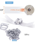 Pro Grade Heavy Duty Pallet Banding Strapping Kit With Manual Woven Cord Tensioner Three Quarter X 330 Foot Roll And 50 Snap Lock Buckles, showing tensioner, strap, and buckles.