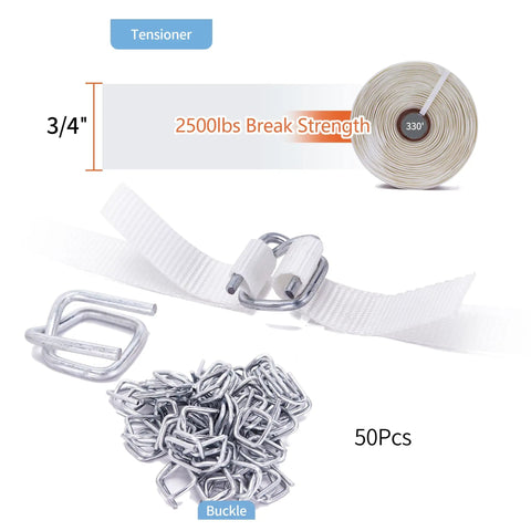 Pro Grade Heavy Duty Pallet Banding Strapping Kit With Manual Woven Cord Tensioner Three Quarter X 330 Foot Roll And 50 Snap Lock Buckles, showing tensioner, strap, and buckles.