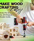 Person using drill with 8 Piece Hole Saw Kit With Case 1 To 2 1/8 Inch Hole Saws Mandrel Hex Key for wood projects