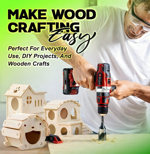 Person using drill with 8 Piece Hole Saw Kit With Case 1 To 2 1/8 Inch Hole Saws Mandrel Hex Key for wood projects