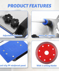 Pro Grade 45 Degree Tile Chamfering Tool with adjustable thickness, water for cooling, anti-slip panel, and cutting blades