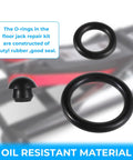Pro Grade 15 Piece Floor Hydraulic Jack Seal Kit with oil resistant O-rings for 3 Ton jack maintenance, shown on a blurred background.