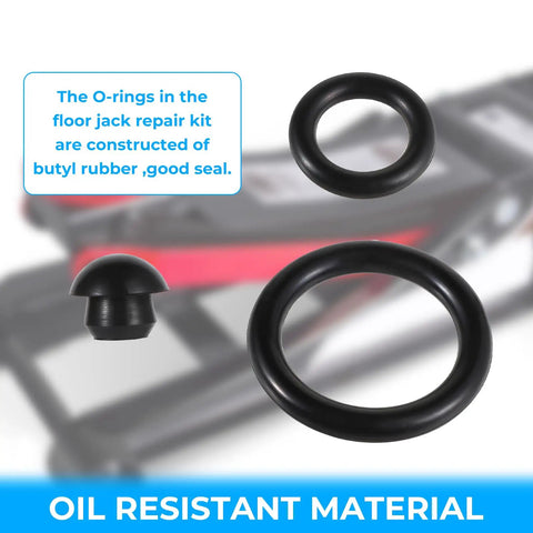 Pro Grade 15 Piece Floor Hydraulic Jack Seal Kit with oil resistant O-rings for 3 Ton jack maintenance, shown on a blurred background.