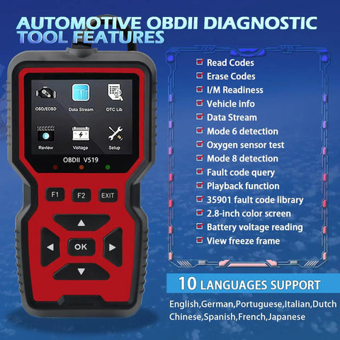 Must Have OBD2 Scanner Diagnostic Tool With Check Engine Code Reader And Reset Battery Voltage Tester Modes Six And Eight For All OBD II Cars And Trucks Since 1996 Real Time Diagnostics And Broad Vehicle Compatibility showing features and screen