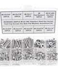 Box containing 260-Piece 6-32 UNC Stainless Steel Socket Head Cap Screw Kit with Hex Nuts and Flat Washers, Full Thread, Coarse Thread