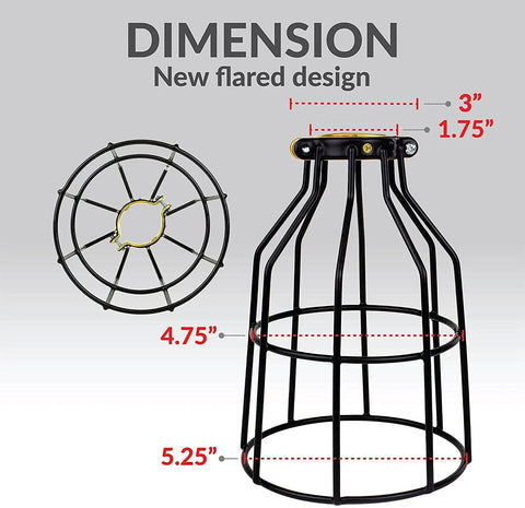 Industrial Black Pendant Light Cage Guard dimensions, flared design, 1.75" to 3" adjustable collar, metal construction