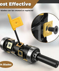 No Sweat 1/2 Inch Flush Trim Router Bit With Dual Top And Bottom Bearings For Dead Simple Wood Trimming On Router Tables And CNC Routers Featuring Swappable Carbide Blades And Low Friction Coating For Slick Cuts Guaranteed, showcasing interchangeable blades.