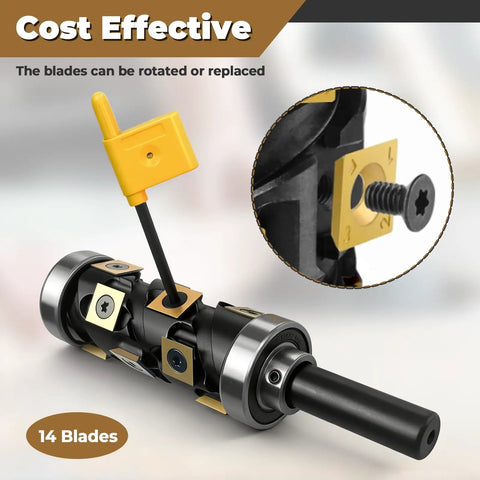 No Sweat 1/2 Inch Flush Trim Router Bit With Dual Top And Bottom Bearings For Dead Simple Wood Trimming On Router Tables And CNC Routers Featuring Swappable Carbide Blades And Low Friction Coating For Slick Cuts Guaranteed, showcasing interchangeable blades.