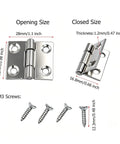 One Inch Folding Craft Hinges With Screws In 201 Stainless Steel For Home Diy Cabinets Boxes And Kitchen Projects Durable Rust Resistant Hardware Opening Size 25mm By 28mm By 1.2mm Great For Woodworking; open and closed views with screws
