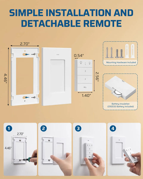 Installation steps for Remote Control Outlet With Wall Mount Switch And Detachable Magnetic Remote Two Independent Sockets No Wiring Needed 100 Ft Range Plug And Play For Lamps Fans And Home Appliances