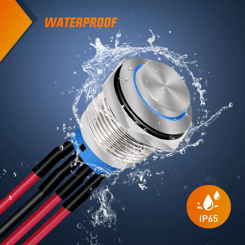 12mm Push Button Switch Kit 5 Pack With Pre Wired Harness LED Latching Round SPDT 4 Pin Waterproof Stainless Steel Self Locking