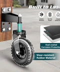 Heavy Duty Eight Inch Spring Loaded Gate Wheel Caster Built Tough For Wood And Metal Fences Featuring Smooth Rollin Design With Seven Hundred Pound Capacity close-up of wheel attachment with spring and rubber tire.