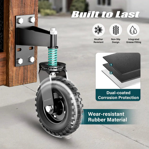 Heavy Duty Eight Inch Spring Loaded Gate Wheel Caster Built Tough For Wood And Metal Fences Featuring Smooth Rollin Design With Seven Hundred Pound Capacity close-up of wheel attachment with spring and rubber tire.
