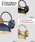 Three versions of barn style outdoor wall light with hammered metal shade in black, blue, and brass finish. Includes photocell options.