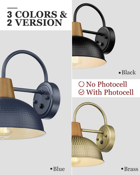 Three colored versions of Two Pack Dusk To Dawn Barn Lights Gooseneck Outdoor Wall Sconces with Hammered Metal Shade Black Finish.