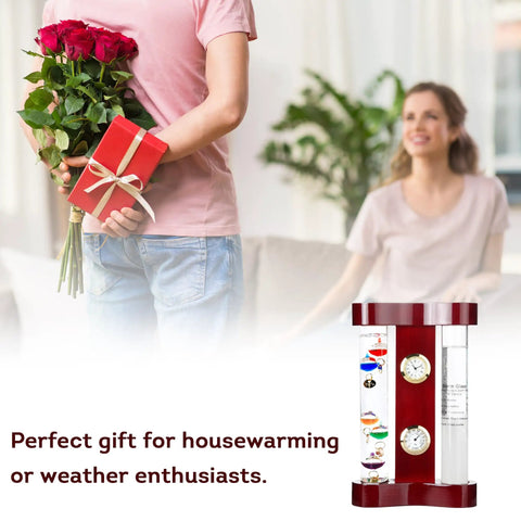 4 in 1 Analog Weather Station for Desk with Galileo Thermometer and FitzRoy Storm Glass, 7 by 4.4 Inches in wood holder
