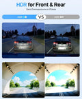 Comparison of A229 Ultra Dual 4K Dash Cam Front And Rear with 2 Channel 4K HDR showing HDR vs no HDR in dark and light scenes.