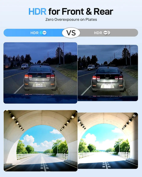 Comparison of A229 Ultra Dual 4K Dash Cam Front And Rear with 2 Channel 4K HDR showing HDR vs no HDR in dark and light scenes.