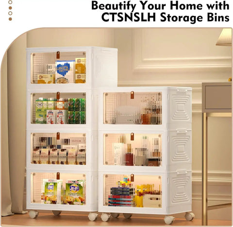 Four Piece Heavy Duty Plastic Storage Bins With Snug Lids Delivering Twenty Three Quarts Per Container Plus Totally Stackable Setup in a modern living space.