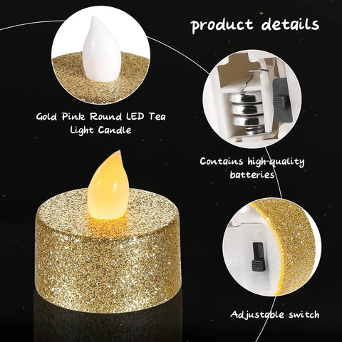 Gold LED Tea Lights Flameless Battery Operated Tealights 24 Pack For Holiday Decor Weddings Parties Birthday Home Ambience Glitter Votive Candles With Easy Cleanup And Safe Realistic Long Lasting Lit Glow showing glitter votive with flame and battery details