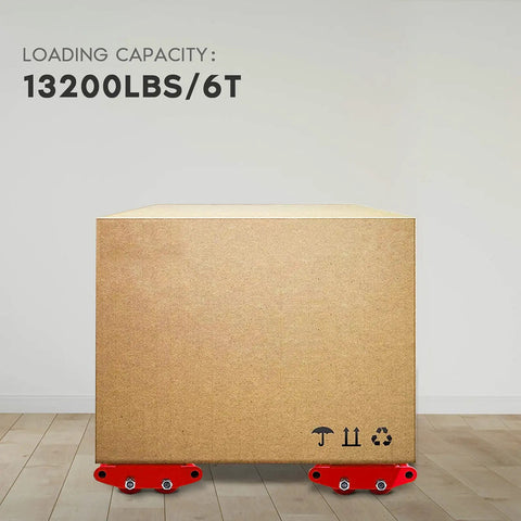 XCFDP Heavy Duty Machinery Skates 6 Ton Moving Dollies showing a cardboard box supported by red swivel casters for easy transport.
