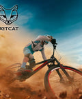 Mountain biker with protective gear riding through dirt, demonstrating control and speed amidst dusty terrain.