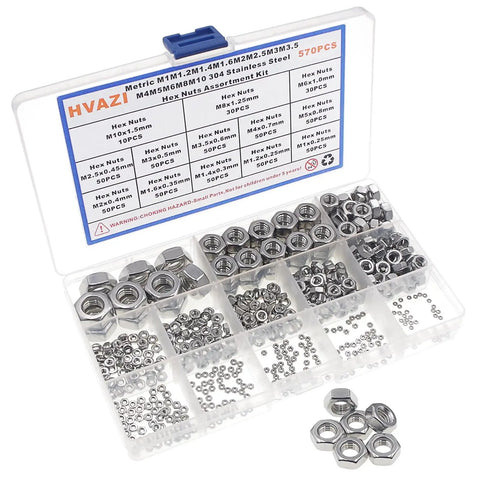 570 Piece Metric Hex Nut Set M1 To M10 Assortment Kit Coarse Thread 304 Stainless Steel in compartment case