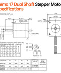 Front and side views of Nema 17 dual‑shaft stepper motor technical drawing with 47 mm body and 8‑lead cable