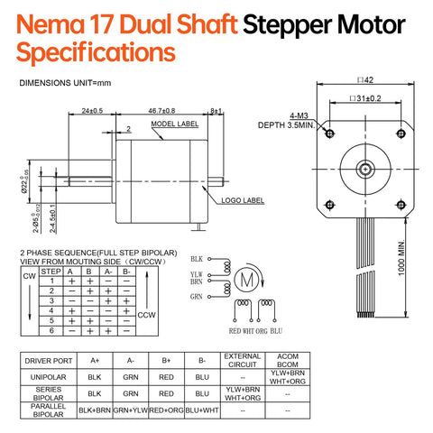Front and side views of Nema 17 dual‑shaft stepper motor technical drawing with 47 mm body and 8‑lead cable