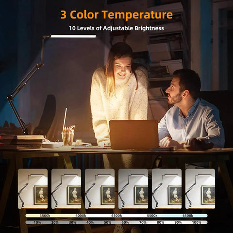 LED Desk Lamp With Clamp And Base Two In One Desk Light shining on couple, foot showing adjustable swing arm and brightness levels on desk.