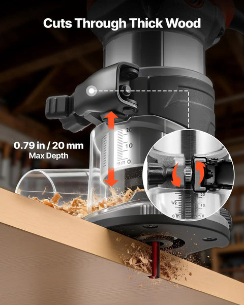 Heavy Duty Rock Solid 1 HP Wood Router 710W showing precise depth adjustment for cutting through wood.
