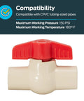 One Half Inch CPVC Slip Ball Valve White Heavy Duty Quick Release Water Shutoff Switch No Sweat Design For Cramped Corners and Smooth DIY Plumbing Tasks with red handle and compatibility details.