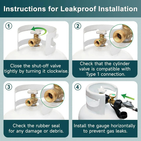 Propane Tank Gauge For 5-20 Lb Cylinders, QCC1 Type 1 Connector Compatible, installation instructions for leakproof setup