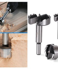 High Impact Multi Tooth Forstner Drill Bit Set Forged In Heat Treated Tungsten Steel on wood, showcasing precision boring performance.