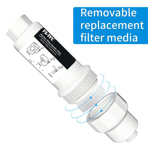 Inline Sediment And Anti Scale Water Filter For Hose Three Quarter Inch GHT Thread Reusable And High Flow shown with label