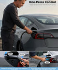 Man using Level 1 2 Portable Ev Charger With Native Nacs Port Nema 5 15 Plug adjustable for Tesla in outdoor setting.