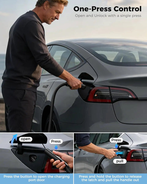 Man using Level 1 2 Portable Ev Charger With Native Nacs Port Nema 5 15 Plug adjustable for Tesla in outdoor setting.