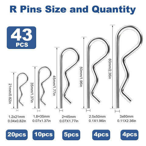 Front view of stainless steel cotter pin assortment: 43 pcs in five sizes (1.2x21mm–3x60mm), counts 20/10/5/4/4