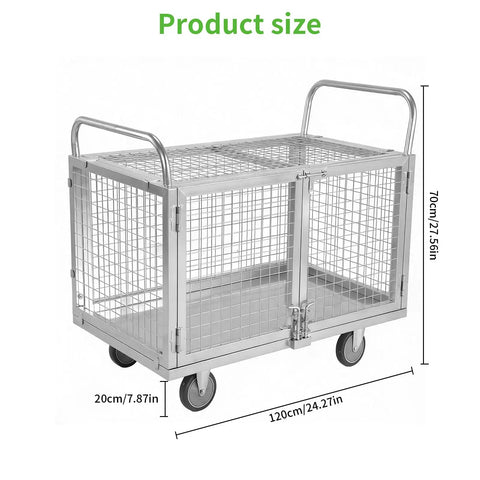 Seven In One Platform Trolley With Cage For Industrial Material Storage Built To Haul Fully Adjustable Design Converts Into Five Sided Cage Cart Four Sided Fence Cart Market Trolley Three Sided Fence Cart Double Sided Cart Dual Handle Platform Truck. Silver metal cage cart, 120x70x20cm.