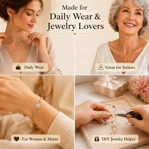 Collage featuring women using 12 Pack Magnetic Necklace Clasp Extenders In Gold And Silver Easy Lobster Closure Converters