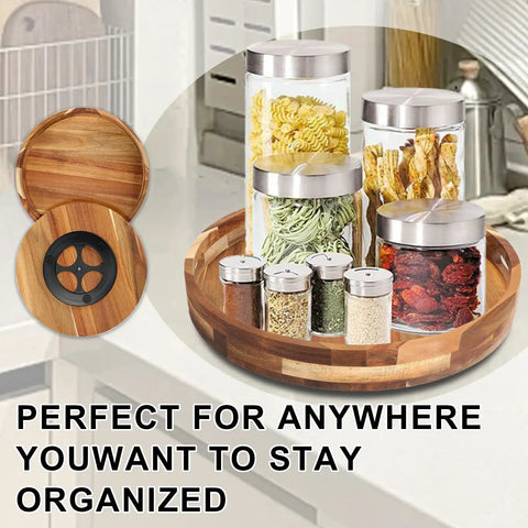 12 Inch Acacia Wood Lazy Susan Turntable With Double Handle, Big Spice Organizer holding jars on a countertop in kitchen setting
