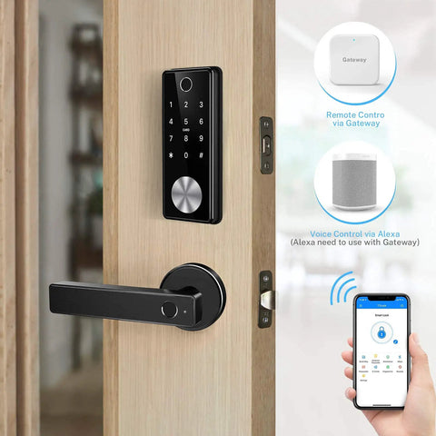 Fingerprint Door Lock With Bluetooth And WiFi, Keyless Entry Smart Front Door Lock, Biometric Door Lock, Smart Door Knob, App Control For iOS And Android, Remote Unlock Via Gateway, No Fuss, Easy Install For Indoor Wooden Doors