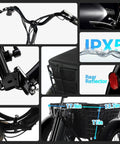 All Terrain Fat Tire Electric Tricycle For Adults With 750W Peak Motor, 36V 13Ah Lithium Battery, UL Certified, 15 MPH Top Speed, 3 Wheel Foldable E Bike, 20x4 Fat Tires, 80 Percent Assembled, Black, close-up of frame, basket, light and rear reflector